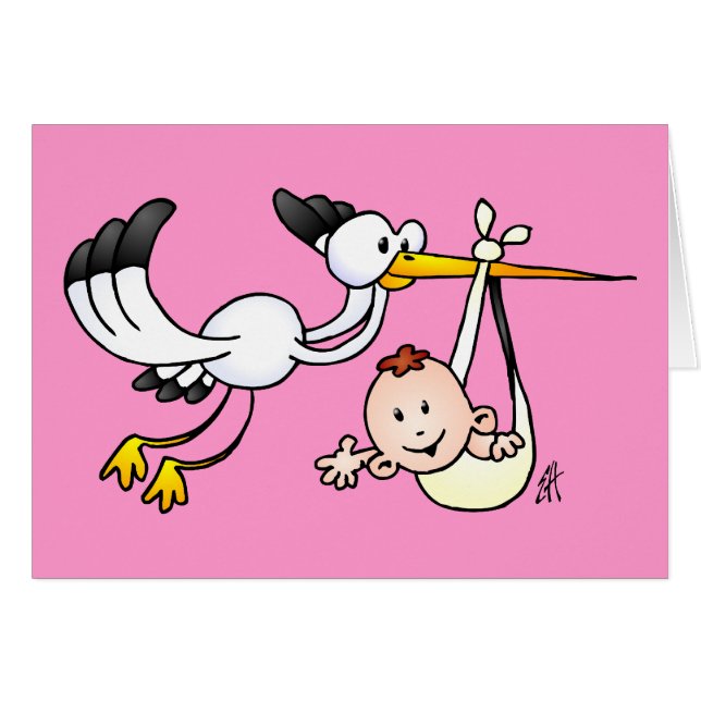 Stork med bebiset hälsningskort (Framsidan Horizontal)