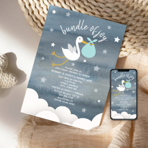 Stork med Blue Bundle Stars Baby Shower Inbjudningar