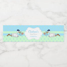 Stork med Cute Little Pojke Vattenflaskor Etikett