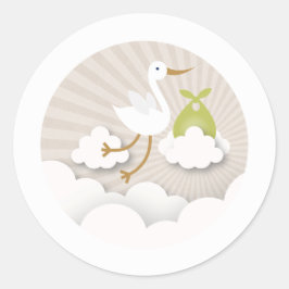 Stork med Grönt Bundle Neutralt Baby Shower Runt Klistermärke