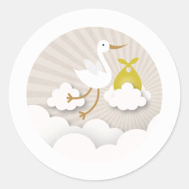 Stork med Gult Bundle Neutralt Baby Shower Runt Klistermärke