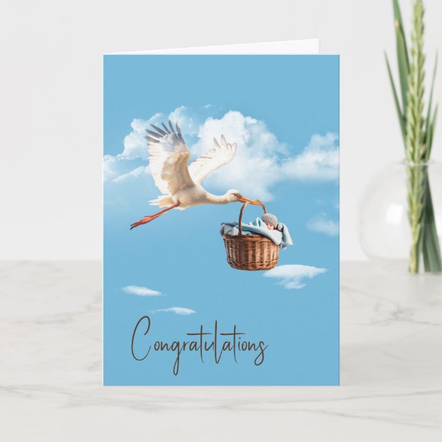 Stork med Pojke Grattisar Kort (Framsida)