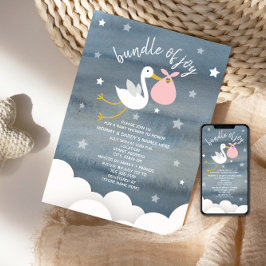 Stork med Rosa Bundle Stars Baby Shower Inbjudningar