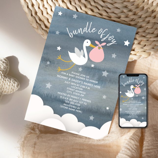Stork med Rosa Bundle Stars Baby Shower Inbjudningar (Skapare uppladdad)