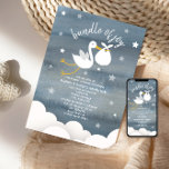 Stork med vit burk, babyskor inbjudningar<br><div class="desc">En inbjudan till babydusch med en mörk blått vattenfärg inspirerad bakgrund med vit text omgiven av stjärnor och illustrationer av vita moln och en stork med vit bunt. Anpassa med information om tillfälle.</div>