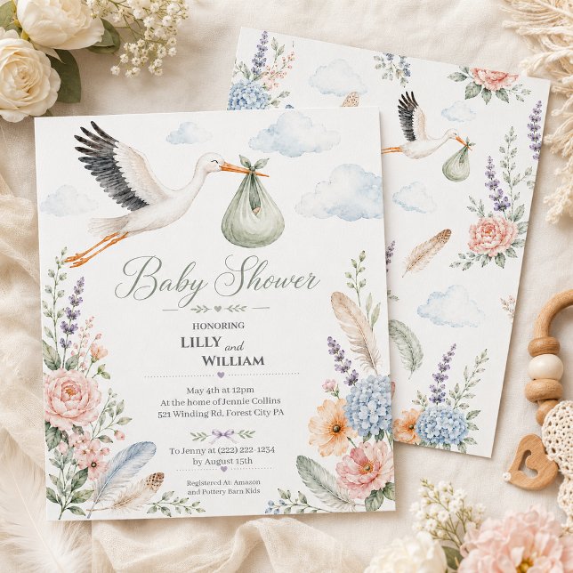 Stork Moln Baby Shower Vintage Inbjudningar (Skapare uppladdad)