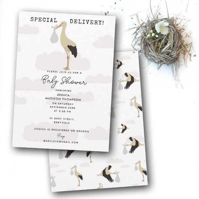 Stork Newborn Pojke Girl Baby Shower Inbjudningar (Stork Newborn Baby Boy Girl Baby Shower Invitation)