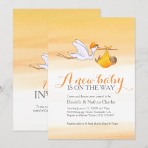 Stork ny bebis gyllene orange par baby shower inbjudningar