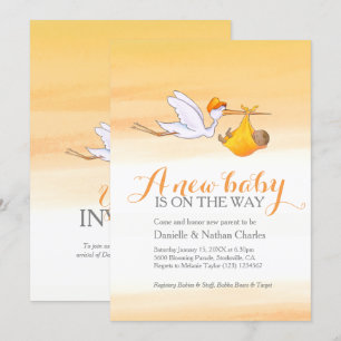 Stork nyfödd bebis golden orange par babydusch inbjudningar
