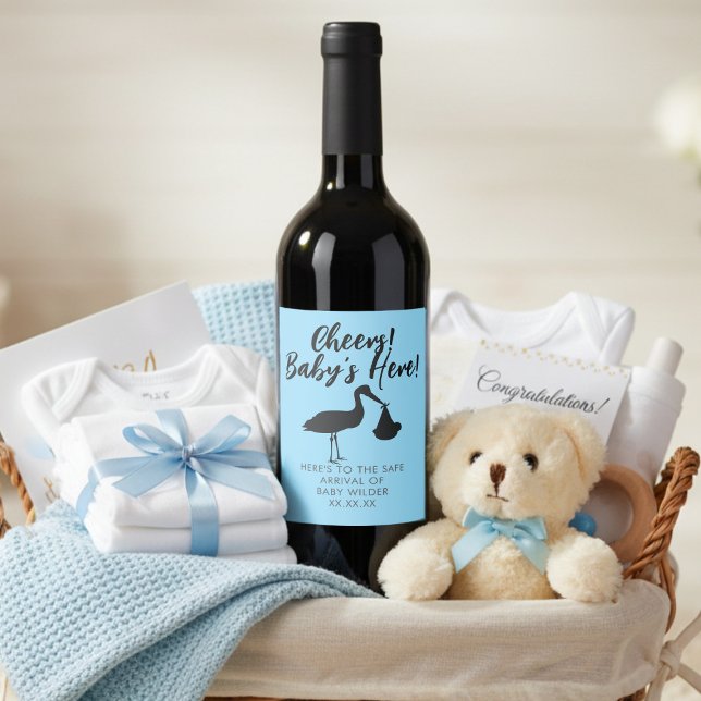Stork och Baby Cheers Blue Vin-etikett Vinflaska Etikett (Cheers! Baby's Here! A cute blue wine bottle label just for you)