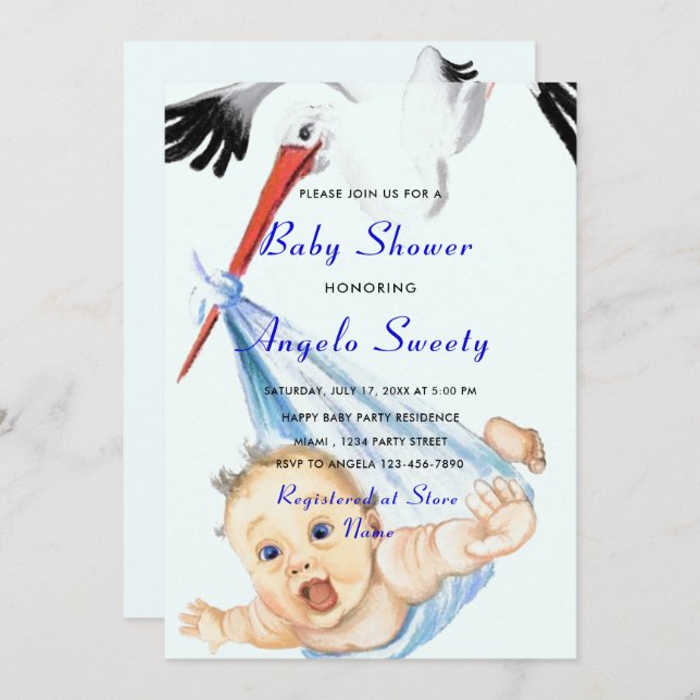Stork och Baby Funny Pojke Shower-inbjudan (Fram/baksida)