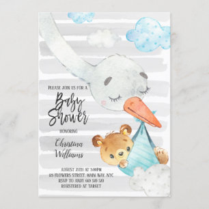 Stork och Bear Unge Boy Baby Shower Blue och Grått Inbjudningar