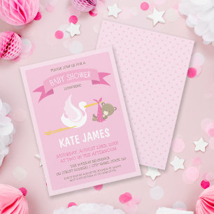 Stork och björn Rosa baby shower-inbjudan Inbjudningar