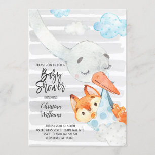 Stork och Fox Unge Boy Shower Blue & Grått Cute Inbjudningar