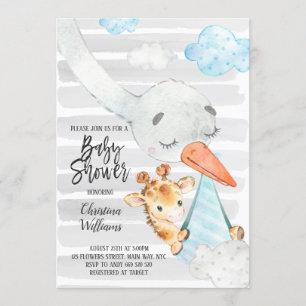 Stork och Giraffe Unge Boy Baby Shower Blue & Gråt Inbjudningar
