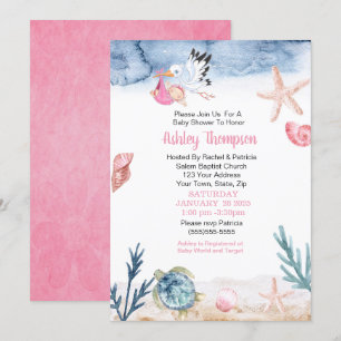 Stork och Ocean Girl Baby Shower Inbjudningar