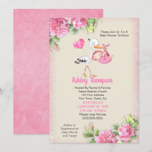 Stork och Watercolor Flowers Girls Baby Shower Inbjudningar