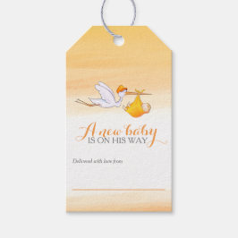 Stork orange nyfödd bebis dusch-visningar, märkre presentetikett