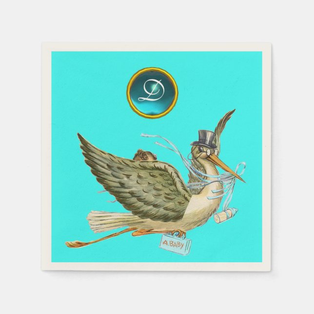 STORK POJKE SHOWER BLUE GEM STONE MONOGRAM PAPPERSSERVETT (Framsidan)