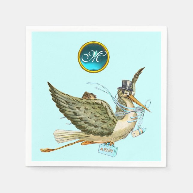 STORK POJKE SHOWER BLUE GEM STONE MONOGRAM PAPPERSSERVETT (Framsidan)