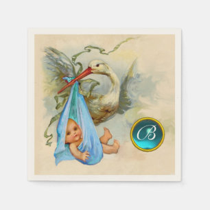 STORK POJKE SHOWER BLUE GEM STONE MONOGRAM PAPPERSSERVETT