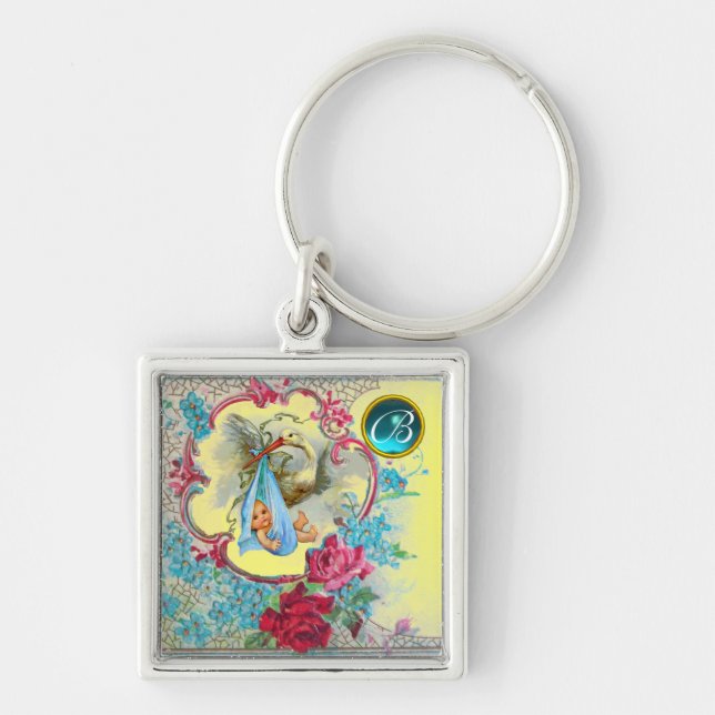 STORK POJKE SHOWER GEM MONOGRAM FYRKANTIG SILVERFÄRGAD NYCKELRING (Framsidan)