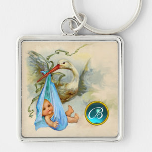 STORK POJKE SHOWER GEM MONOGRAM FYRKANTIG SILVERFÄRGAD NYCKELRING