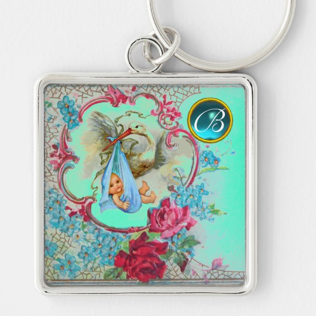 STORK POJKE SHOWER GEM MONOGRAM FYRKANTIG SILVERFÄRGAD NYCKELRING (Framsidan)