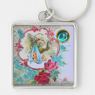 STORK POJKE SHOWER GEM MONOGRAM FYRKANTIG SILVERFÄRGAD NYCKELRING