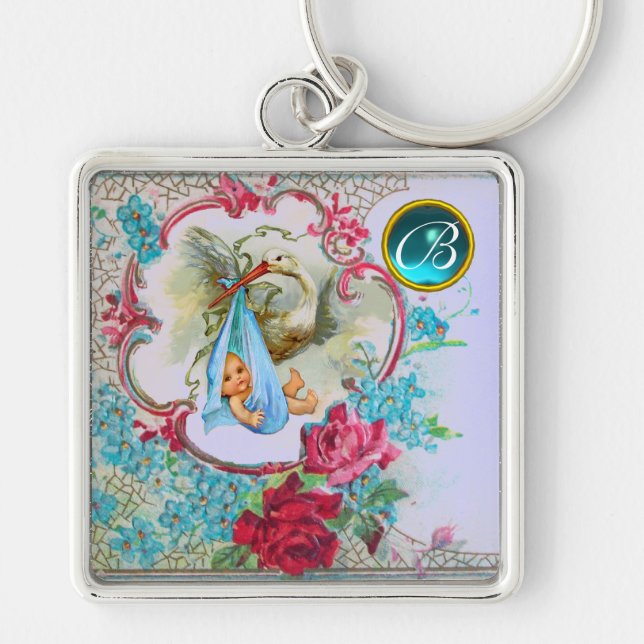STORK POJKE SHOWER GEM MONOGRAM FYRKANTIG SILVERFÄRGAD NYCKELRING (Framsidan)