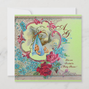 STORK POJKE SHOWER MED RO OCH BLÅA BLOMMOR INBJUDNINGAR