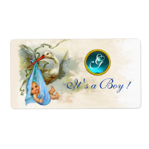 STORK POJKE SHOWER TEAL BLUE GEM MONOGRAM FRAKTSEDEL