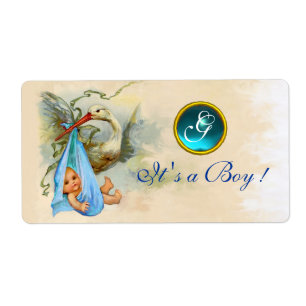 STORK POJKE SHOWER TEAL BLUE GEM MONOGRAM FRAKTSEDEL