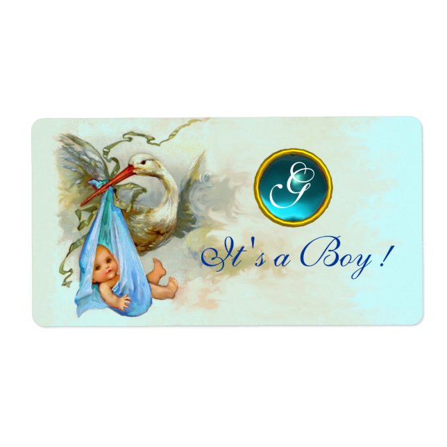 STORK POJKE SHOWER TEAL BLUE GEM MONOGRAM FRAKTSEDEL (Framsidan)