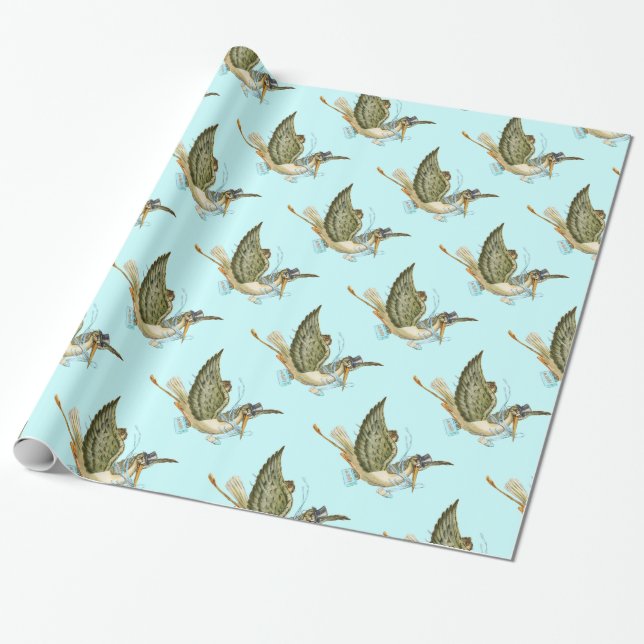 STORK POJKE SHOWER,Teal Blue White Presentpapper (Utrullad)