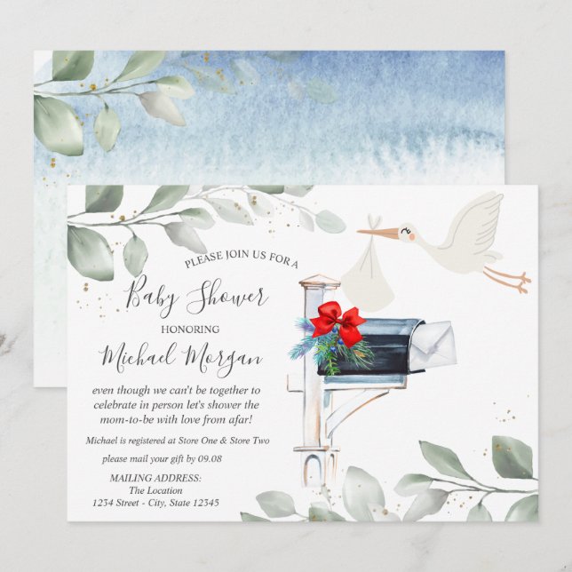 Stork postlåda, babyvy efter e-post inbjudningar (Fram/baksida)