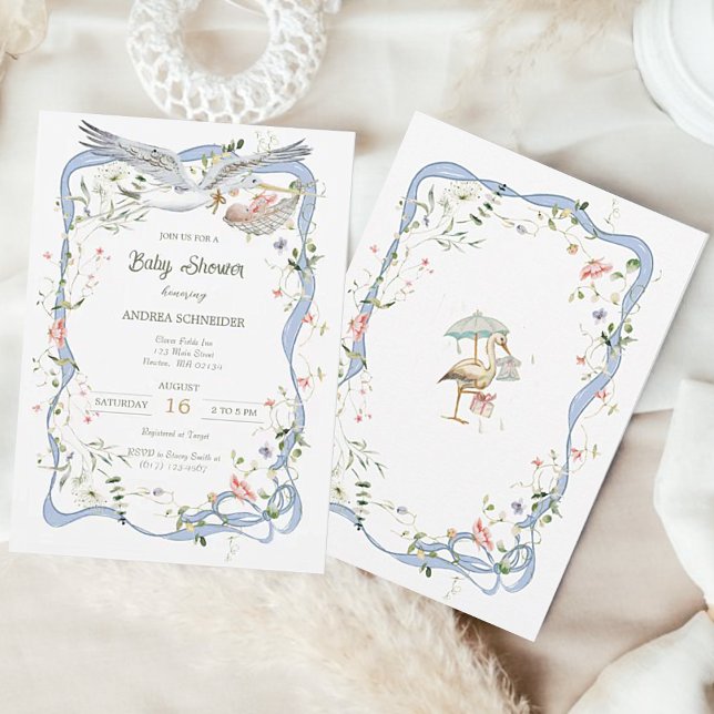 Stork Ribbon och Bow Baby Shower Inbjudningar (Skapare uppladdad)