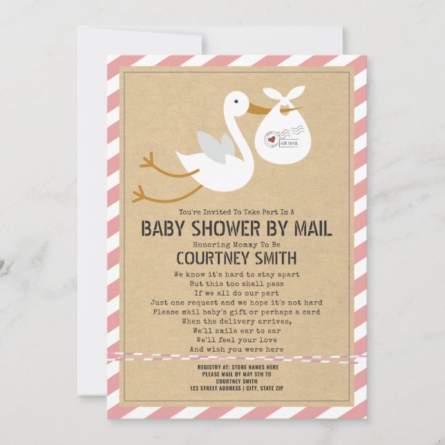 Stork Rosa Baby Shower by Mail Luft Mail Stork Inbjudningar (Framsida)