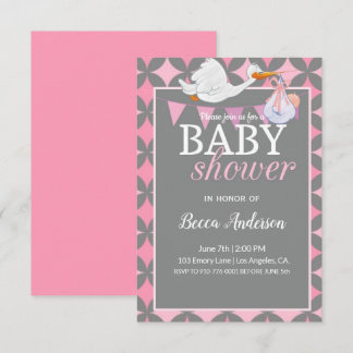 Stork | Rosa Baby Shower Inbjudningar