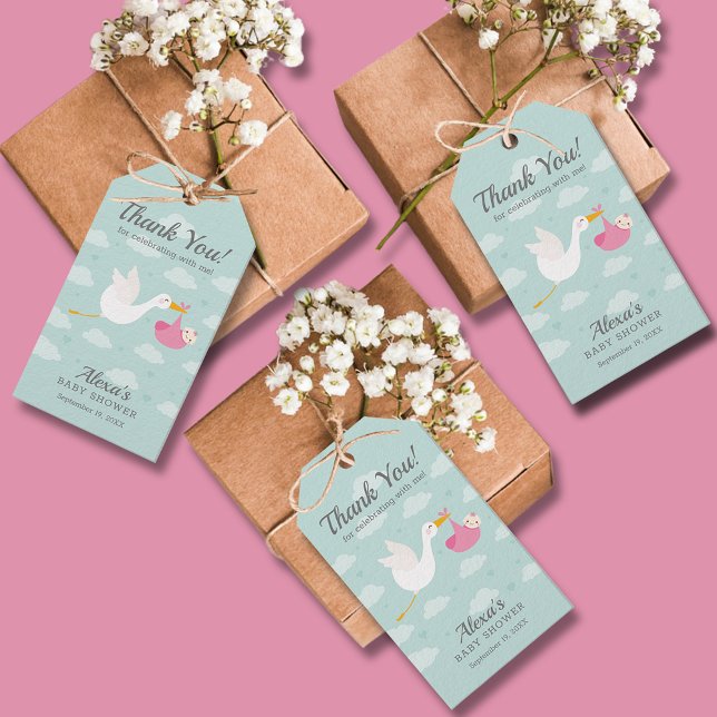 Stork Rosa Bundle Girl Baby Shower Favor Presentetikett (Pink bundle stork girl baby shower favor gift tags)