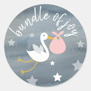 Stork Rosa Bundle Stars Watercolor Baby Shower Runt Klistermärke