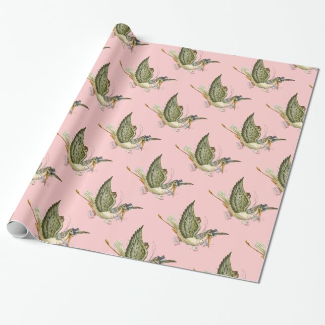 STORK ROSA FLICKA SHOWER PRESENTPAPPER (Utrullad)