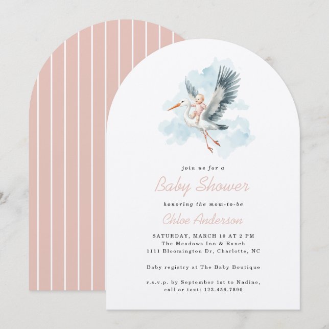 Stork Rosa Flicka Watercolor Baby Shower Arch Inbjudningar (Fram/baksida)