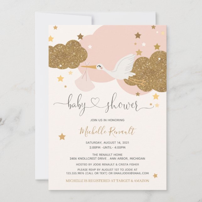 Stork Rosa och Guld Glitter Girl Baby Shower  Inbjudningar (Framsida)