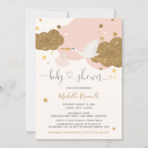 Stork Rosa och Guld Glitter Girl Baby Shower 