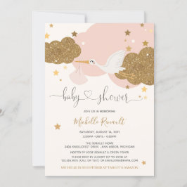 Stork Rosa och Guld Glitter Girl Baby Shower  Inbjudningar