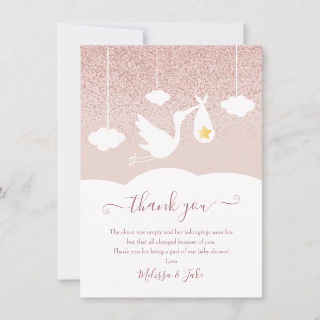 Stork Rose Gold Star Glitter Bebis Badrumsdikt Tack Kort (Framsida)