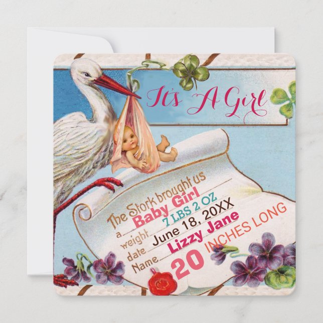 STORK,SHAMROCKS GiRL BABY SHOWER BIRTH STATUS Inbjudningar (Framsida)