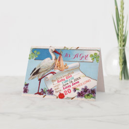 STORK,SHAMROCKS GiRL BABY SHOWER FÖDELSESTATER Inbjudan