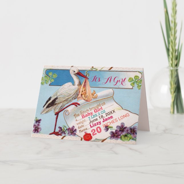 STORK,SHAMROCKS GiRL BABY SHOWER FÖDELSESTATER Inbjudan (Framsida)